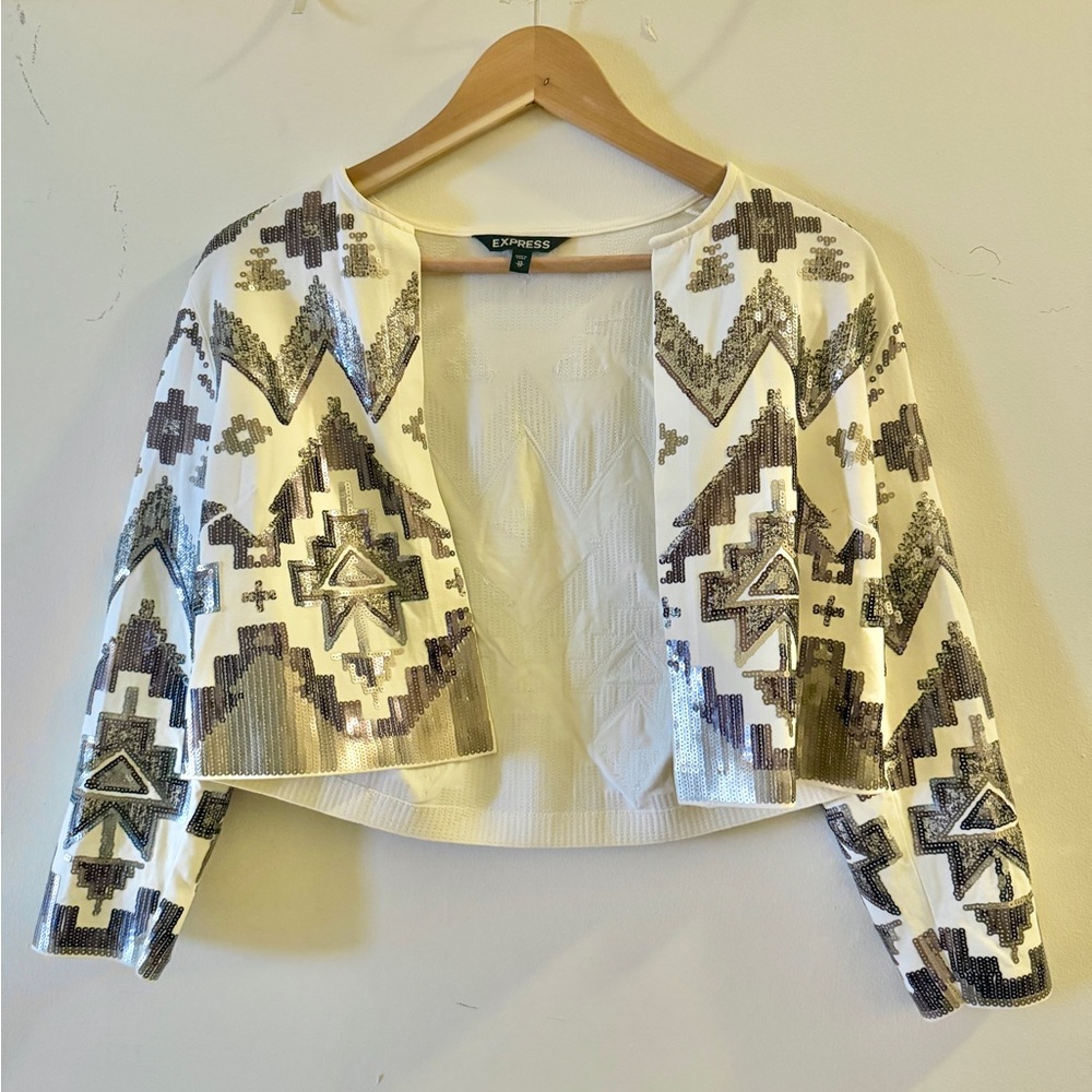 Express White, Gold, and Silver Sequin Blazer